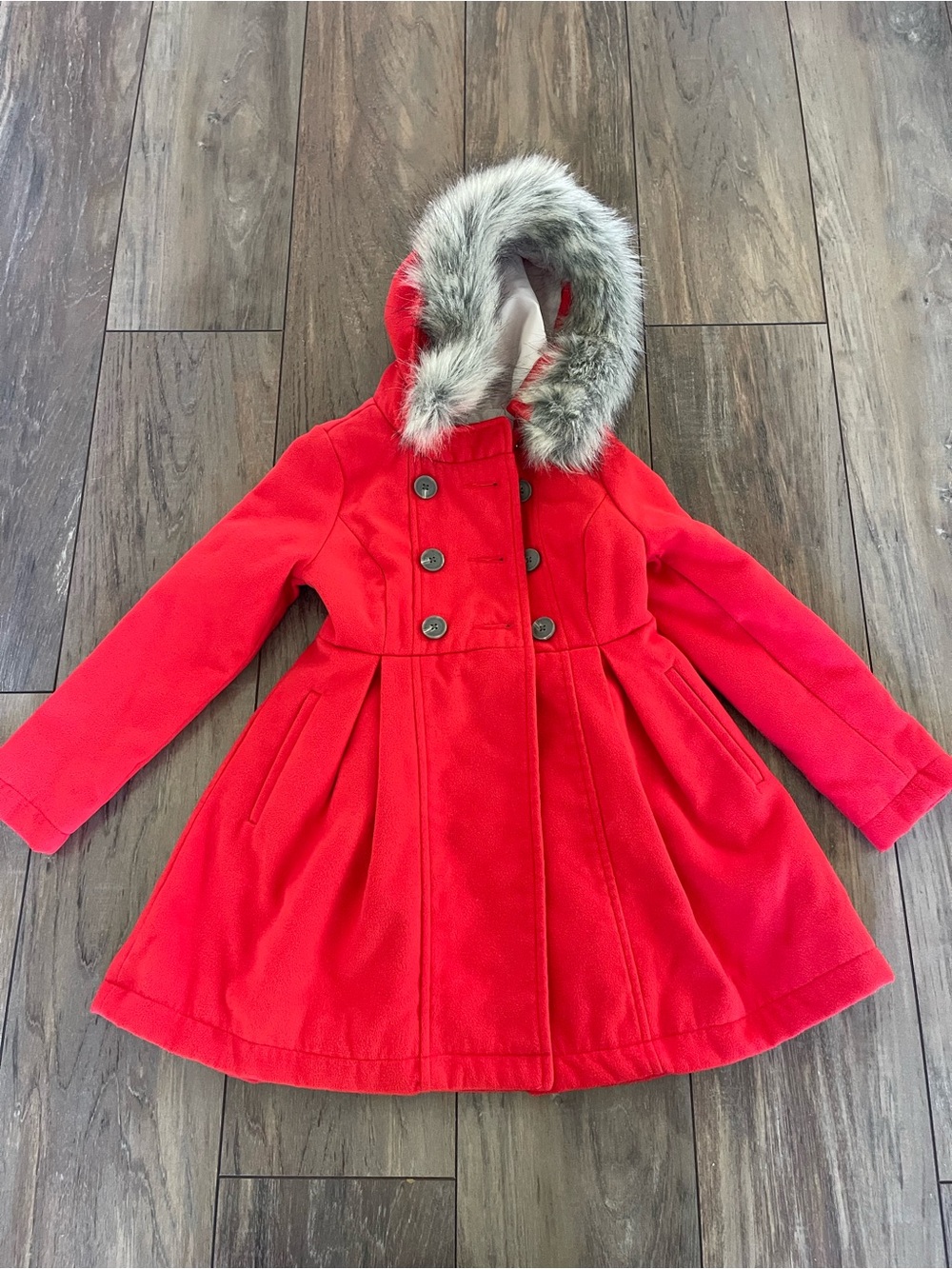 Girls NEW cat&Jack peacoat Red Hooded Coat with Faux Fur Trim size 6-6x